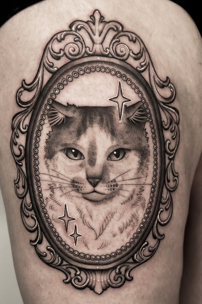 Artistic Linework Cat with Floral Wreath
