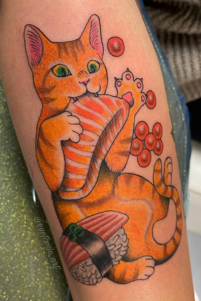 Floral Line Art Cat Tattoo