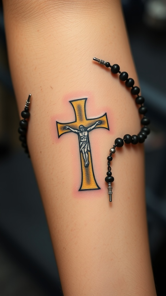 Cross with a Rosary Tattoo
