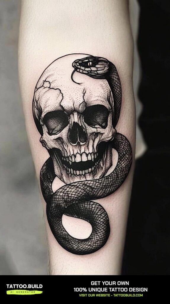 Dark Gothic Skull with Floral Embellishments Tattoo