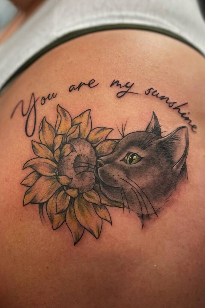 Fine-Line Black Cat with Crescent Moon and Stars