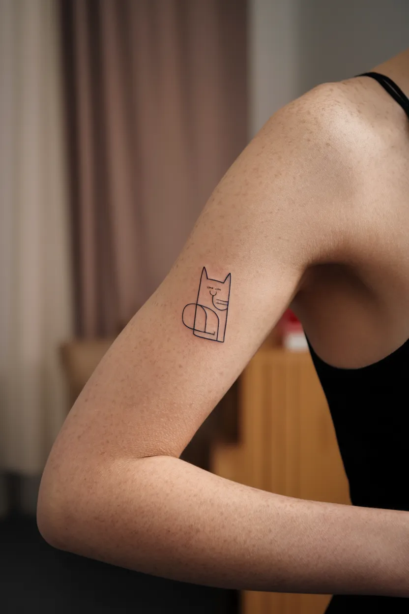Tiny Abstract Cat Tattoo with Whimsical Flow