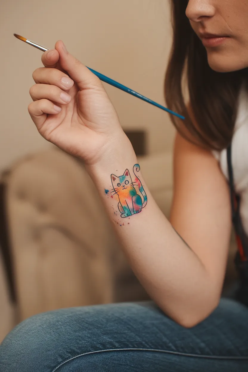 Tiny Watercolor Cat Tattoo