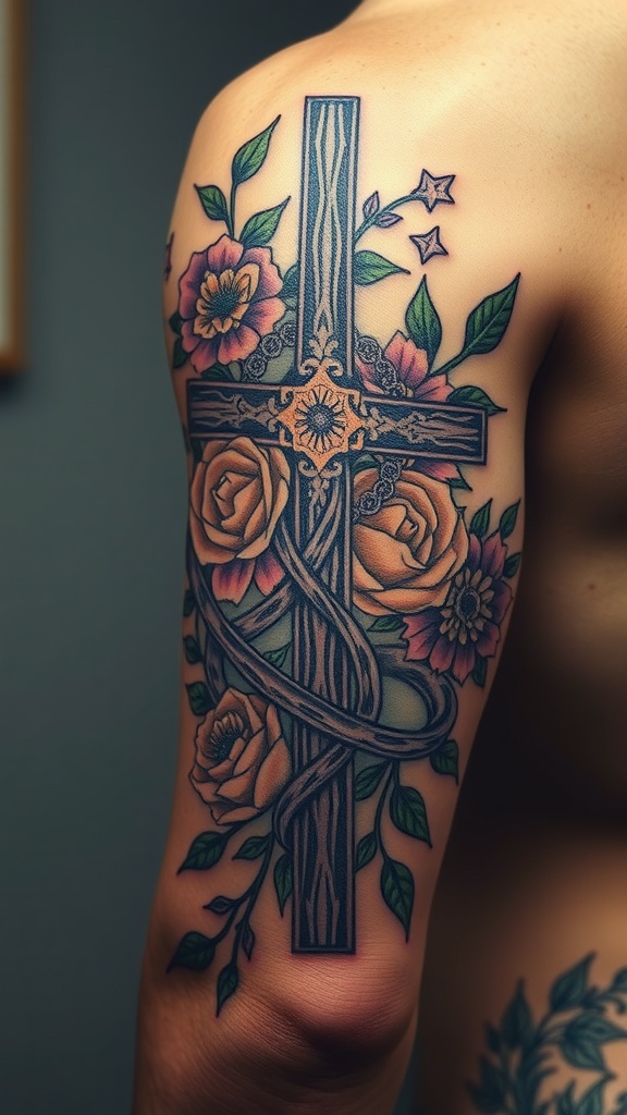 Traditional Cross with Floral Design Tattoo